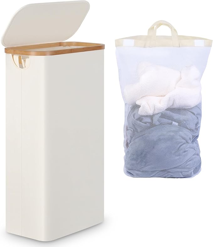 efluky Slim Laundry Basket with Lid, Tall Narrow Washing Basket for Laundry, Folding Small Slimline Laundry Baskets for Dirty Clothes, 63L Cloth Storage Basket Beige