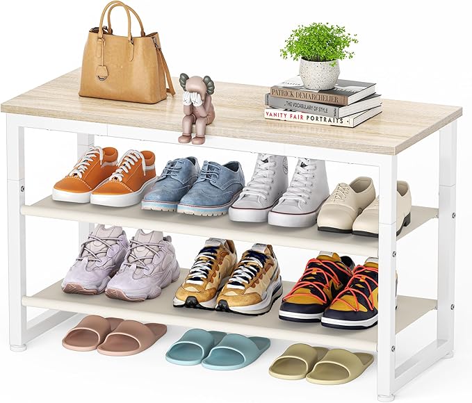Shoe Rack, 3 Tier Shoe Bench with Wooden Shelf, Shoe Storage with Seat for Entryway Living Room Hallway Bedroom, Load Capacity 150 kg, White Oak