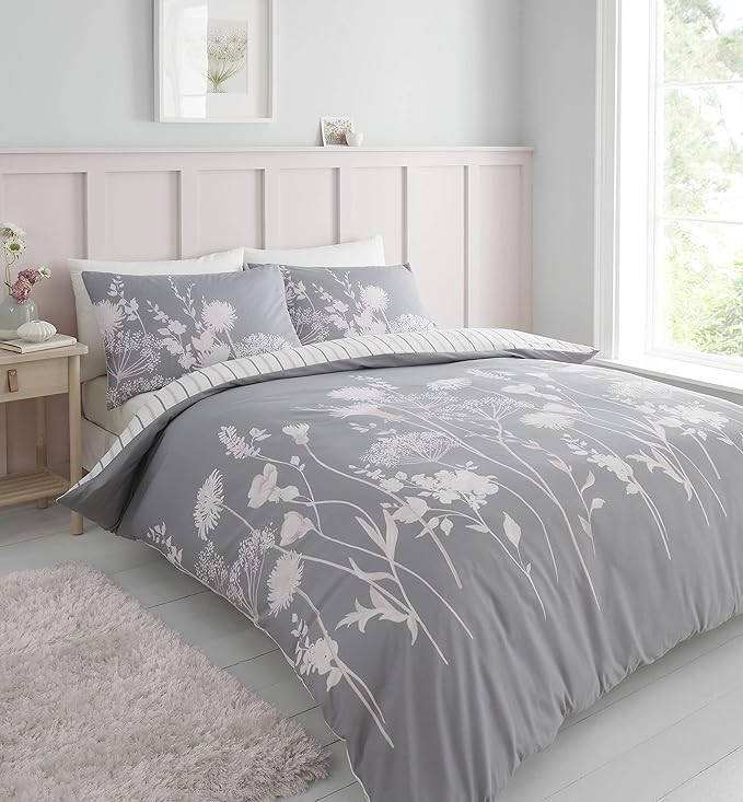 Catherine Lansfield Meadowsweet Floral Reversible Single Duvet Cover Set with Pillowcase Grey Pink