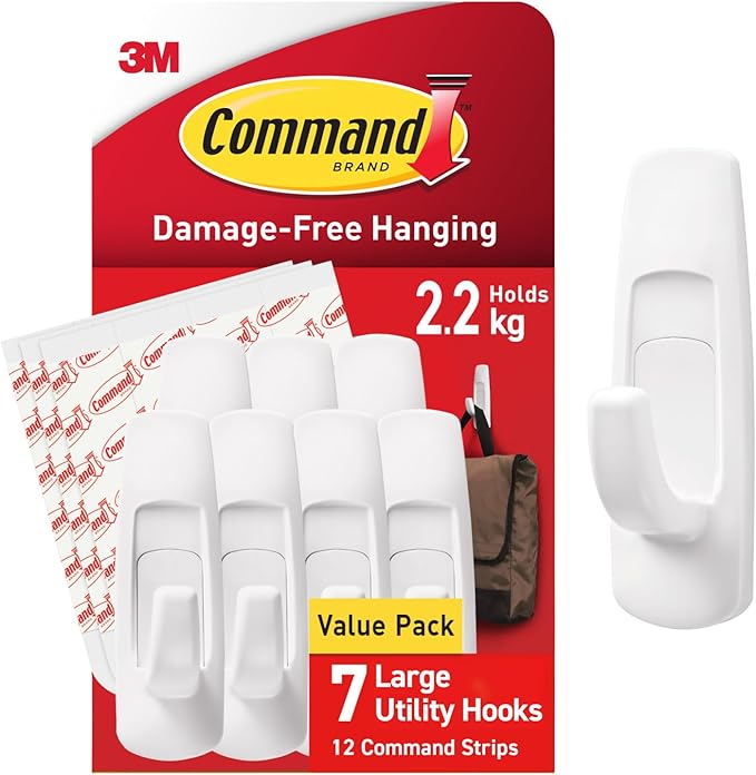 Command Large Utility Hook, Pack of 7 Hooks and 12 Adhesive Strips, White - Damage Free Hanging - Holds up to 2.2kg