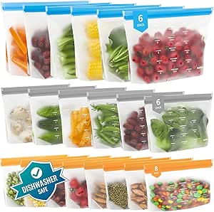 IDEATECH Reusable 20 Pack Freezer Silicone Bags Large Food Storage Stand Pouches BPA Free Fridge Dishwasher Safe for Cooking Sandwich Batch