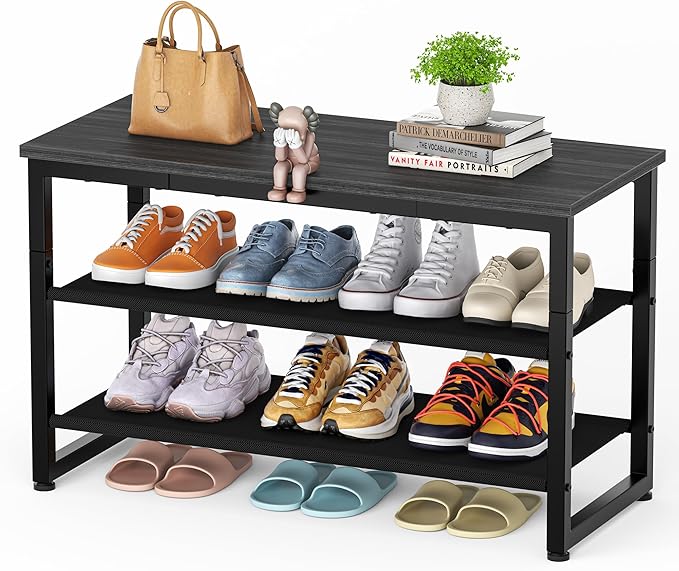 Shoe Rack, 3 Tier Shoe Storage with Wooden Shelf, Shoes Bench Storage with Seat for Entryway Living Room Hallway Bedroom, Load Capacity 150 kg, Black