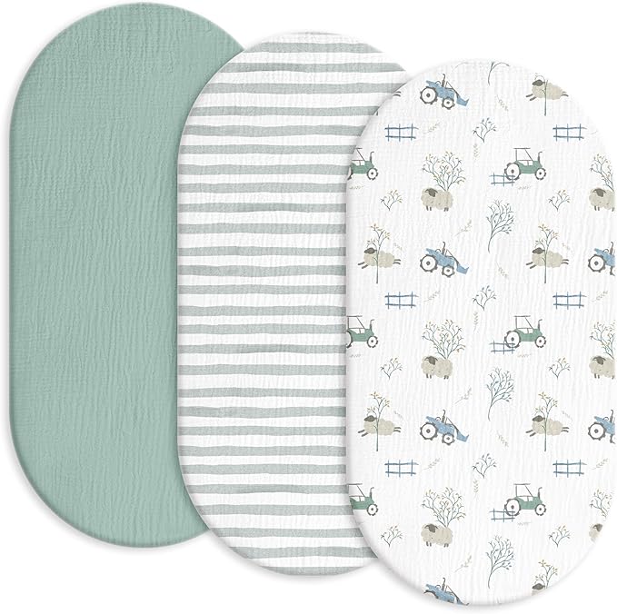 Baby Mattress Cover, Fitted Sheet, Pack of 3, 100% Muslin Cotton,Oeko-Tex 100,Muslin Bassinet Sheets,Bassinet Cover,Pram Mattress Cover,83 x 43 x 12 cm,Fitted Sheet for Prams(Farm life)