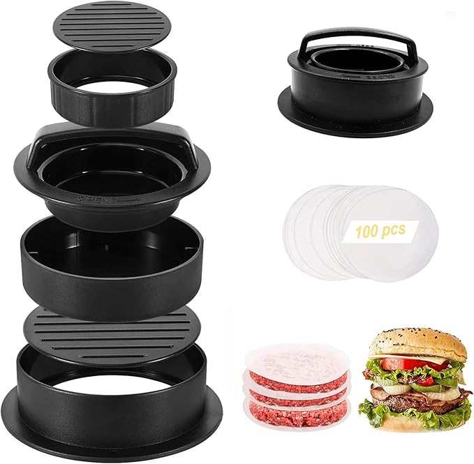 Navani 3-in-1 Burger Press | Non-Stick Patty Makers | 100 Wax Papers | Large, Small & Half Pounder Burger Mold Set