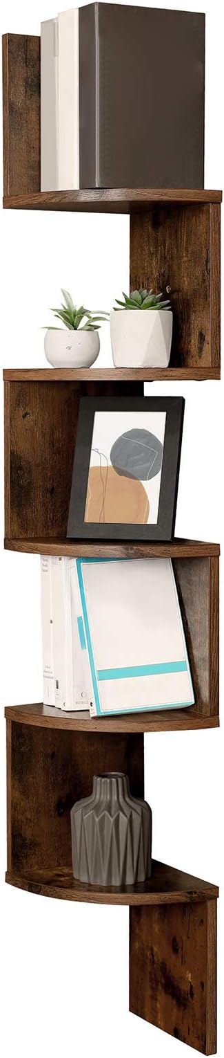 VASAGLE 5-Tier Corner Shelf, Display Floating Shelf in Living Room, Study, Kitchen, Bedroom, for Plants, CDs, Decorations, Modern, Rustic Brown LBC72BX