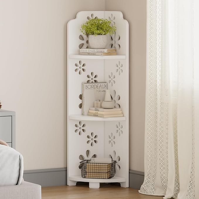 Dripex White Corner Shelf, Free Standing Shelf, Floor Storage Unit for Bathroom, Living Room or Bedroom(3 Tier Flower Style)