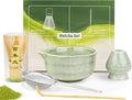 Matcha Set, Line Cyan Ceramic Matcha Whisk Set Includes Matcha Bowl with Pouring Spout, Matcha Whisk (Chasen) and Holder, Sifter, Bamboo Scoop - 5 Pcs Matcha Kit for Matcha Beginners and Lovers,Green