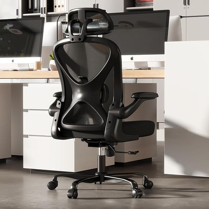ZZH Ergonomic Office chair with Adjustable Lumbar support & Headrest, Mesh Home Computer Desk chair with Flip-Up Arms, 360° Wheels and Height Adjustment, Black