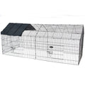 Metal cage run enclosure with a gabled roof