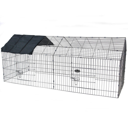 Metal cage run enclosure with a gabled roof