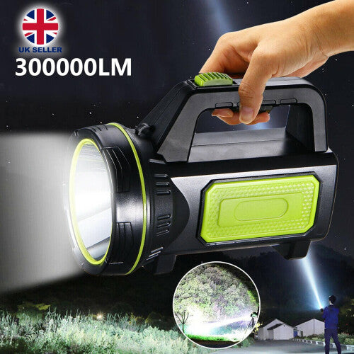 USB Rechargeable 300000LM LED Searchlight/Torch with COB Side Lights, 2 Modes, 8â€“16h Battery, Waterproof Camping Light