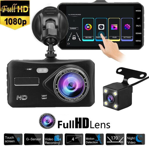 4-Inch Dual Dash Cam: Front 1080P, Rear 720P, Night Vision, IPS Touch, PiP, G-Sensor, Parking Monitor