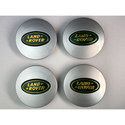Set of 4 Silver & Green Land Rover alloy wheel caps 63mm