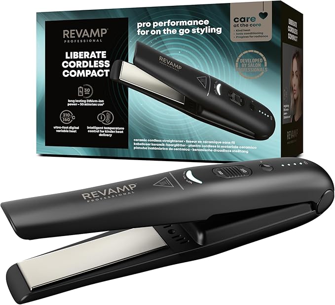 REVAMP Liberate Cordless Compact Ceramic Hair Straightener - Cordless Hair Straighteners, Rechargeable Battery Travel Straightener, Portable Straighteners for Straight, Curl & Wavy Styles - Black