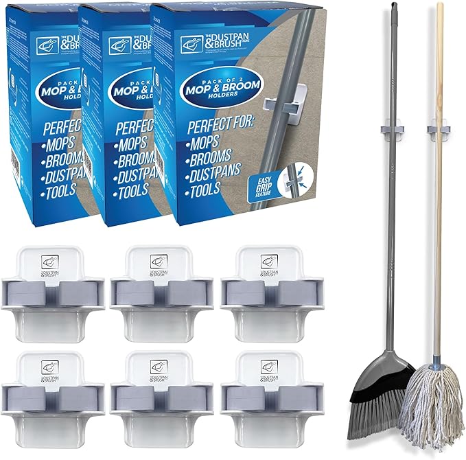 Mop & Broom Holder - Broom Holder Wall Mounted Gripper - Brush Hanger Self Adhesive - Perfect to Use on Cupboards, Bathroom, Sheds and Garage (Pack of 3 (6 Holders)