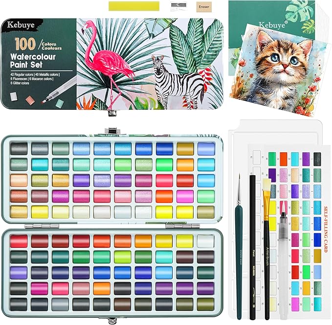 Watercolour Paint Set Art Watercolor - 100 Water Colour Paints Sets in Portable Box - Travel Watercolours Kit with Brushes Paper Pencils Palette - Essential Kits for Kids Adults Artist Beginners