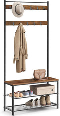 VASAGLE Coat Rack, Coat Stand with Shoe Storage Bench, Hall Tree with Shoe Rack, 3-in-1 Design, Steel Frame, for Hallway, Entrance, 32 x 85 x 175 cm, Industrial, Rustic Brown and Black HSR401B01