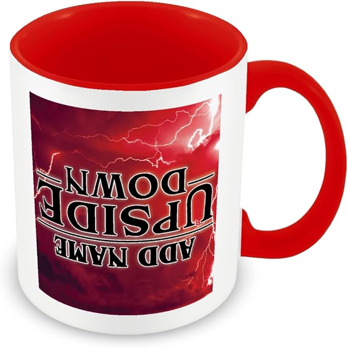 MUGGZ Personalised Strange Mug – “Upside Down” – Red Handle – Custom Fan Gift Cup