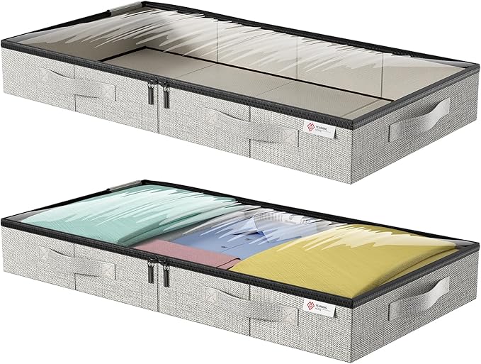 Underbed Storage Bags, Under Bed Storage Box with Reinforced Handle and Lid, Sturdy Sidewalls/Bottom for Clothes, Duvets, Comforters, Blanket, Bedding Thick Fabric with Clear Window, 2Pack