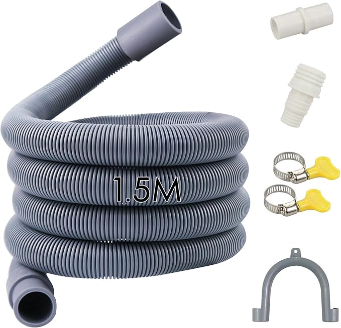 1.5M/2M/3M Washing Machine Drain Hose Adapter Kit with Connector Clip Clamp, 1.5m Adaptor Universal Dishwasher Waste Pipe Extension