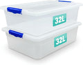 2 x Storage Boxes With Clip Lock Lids 32 Litre Underbed Sturdy Heavy Duty Clear Stackable Lockable Multipurpose Plastic Storage Box Indoor/Outdoor Containers Home,Office,Kitchen,Garage