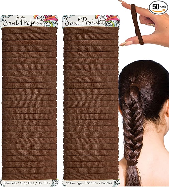Brown Thick Hair Bands 50 Pack 8mm, Neutral Bobbles, Ladies Hair Band, School Hair Accessories, Snag Free Kids Hair Ties, No Damage Seamless