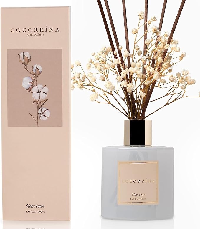 COCORRÍNA Reed Diffuser Set, 200ml Clean Linen Scented Diffuser with Sticks Home Fragrance for Bedroom Bathroom Living Room, Home & Office Decor