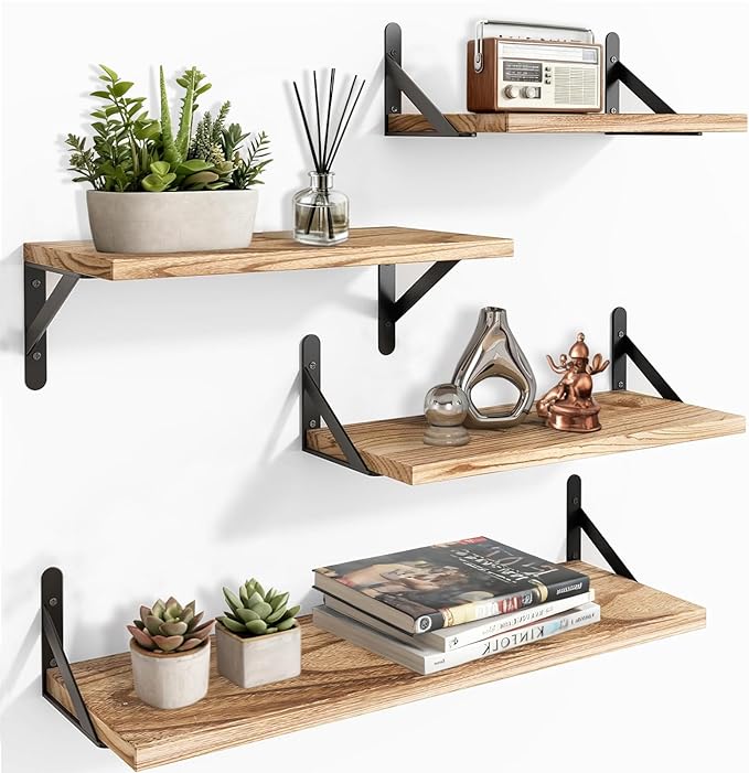 Floating Shelves for Wall Mounted Shelf, Kitchen Bedroom 4 Wooden Rustic Shelfs for Walls, Long Wood Shelving Display Book Picture Small Trinket, Room Living Room Office Bathroom Decor