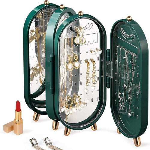 Folding Jewelry Stand,Jewelry Box With Mirror,High Capacity And Quality Gifts (Green)