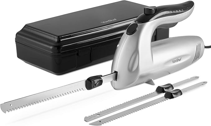 VonShef Electric Carving Knife With Two Serrated Blades For Multi-Purpose Use, Ergonomic Handle Plus Low Vibration & Noise For Your Comfort, Meat, Vegetable or Bread Knife
