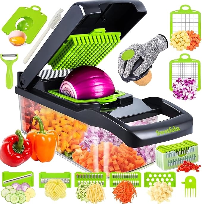 Vegetable Chopper, 18-in-1 Mandoline Slicer – Multifunction Food Cutter with 7 Interchangeable Blades, Safety Glove, Peeler & Cleaning Brush for Vegetables and Fruits