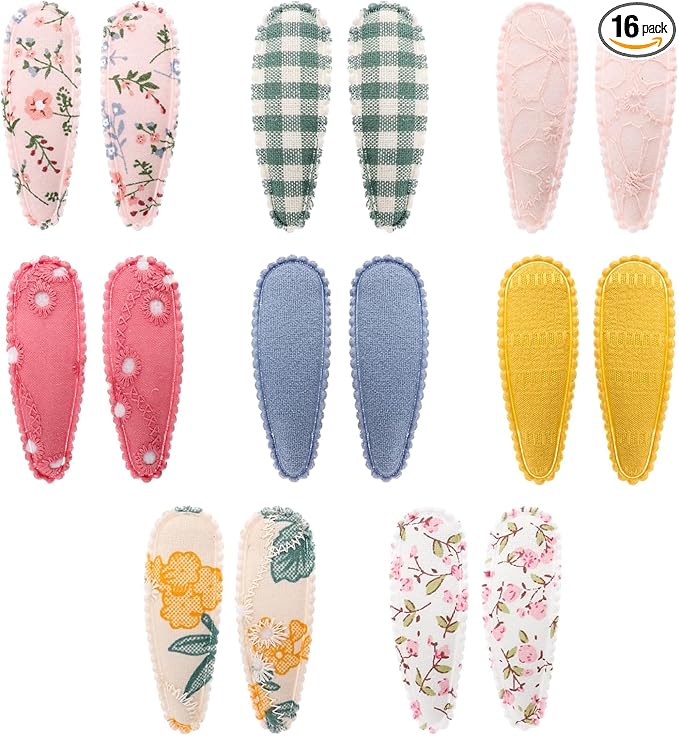 16 PCS Toddler Snap Hair Clips for Fine Hair Flower Bows Barrettes Fully Lined Alligator Clips Baby Side Clips Versatile Fabric Hair Accessories for Baby Infants Toddler Kids (Set 1)