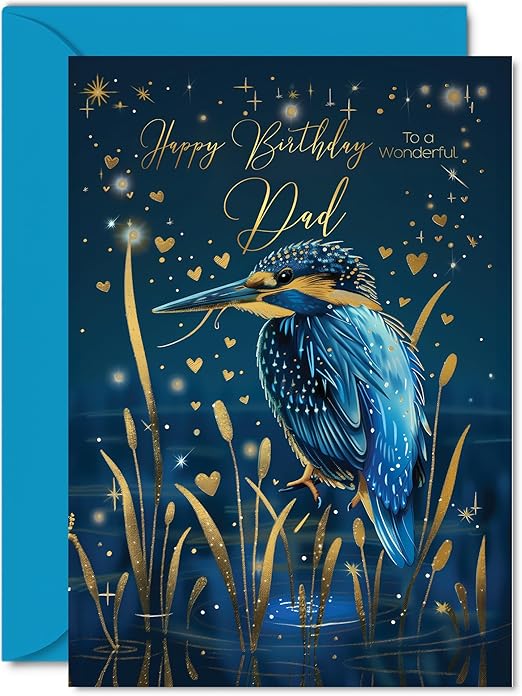 Beautiful Gold Birthday Cards for Dad - Wonderful Golden Kingfisher - Pretty Traditional Elegant Birthday Card for Dad from Son Daughter, A5 Father Gorgeous Greeting Cards Gift