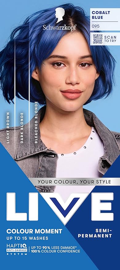 Schwarzkopf LIVE Colour Moment 095 Cobalt Blue, with HaptiQ Anti-Damage System, Semi-Permanent Blue Hair Dye, Up to 15 Washes