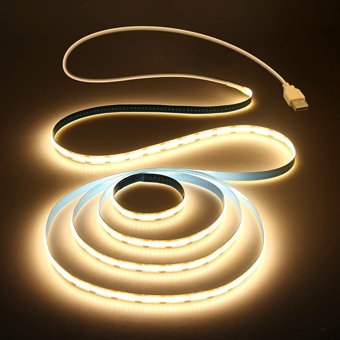 Aclorol USB 1M COB LED Strip Lights Warm White Led TV Backlight 5V 1M 3.28FT 320Leds 3000K CRI85+ COB Flexible Lights with 1M USB Powered for Bedroom Under Cabinet Kitchen DIY Lighting Project[Energy Class D]
