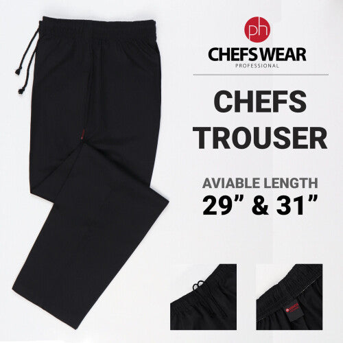 (31" - REGULAR, XL) BLACK CHEF TROUSER Kitchen Cooking Chefs Trousers