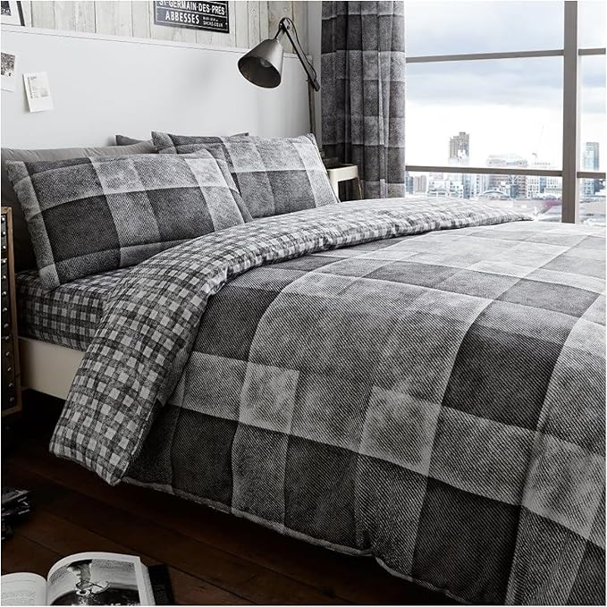GC GAVENO CAVAILIA Checked Bedding Double Bed Set - Hypoallergenic Reversible Duvet Cover With Pillowcases - Comforter Cover Duvet Sets (200x200 cm) - Grey