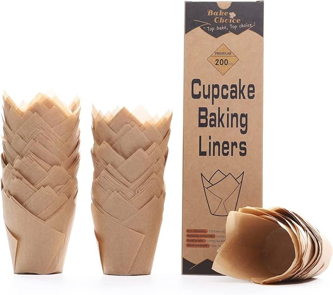 200pcs Natural Tulip Muffin Cases for Baking, Unbleached European Parchment Paper Tulip Cupcake Cases, Cupcake Wrapper for Party, Christmas