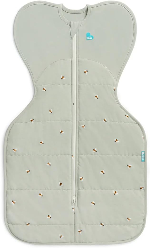 Love To Dream™ Swaddle UP™ 2.5 TOG for Cooler (16-20°C) Temps, Small 3.5-6 kg - Cotton Bees Olive, Snug Fit, Supports Healthy Sleep Routine, Machine Washable Stretch Cotton, 2 Zips, Easy Nappy Change