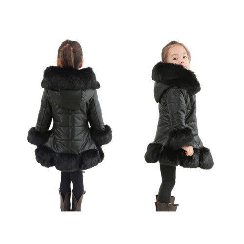 (Black, 11-12 Years) Girls Kids Winter Coat Jacket PU Puffer Fur Hooded