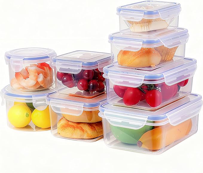Leak Proof Food Storage Containers 16PCS (8 Container + 8 Lids) Airtight Plastic Food Containers with Lids Pantry & Kitchen Containers, BPA Free Microwave & Freezer Safe, 250ML-1.6L