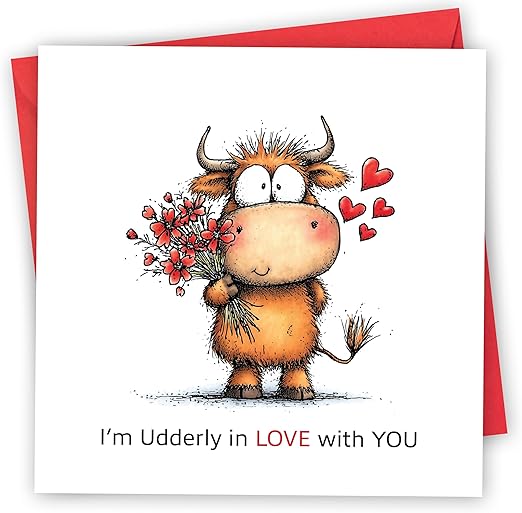 Valentines Card. Udderly love you Design. Eco-Friendly. 4pp 150x150mm Size. Valentine's Card with Red Envelope. Verse Inside. Printed and Packed in UK.