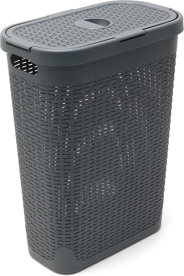 Addis Faux Rattan Slim Laundry Hamper, Charcoal, 40 Litre