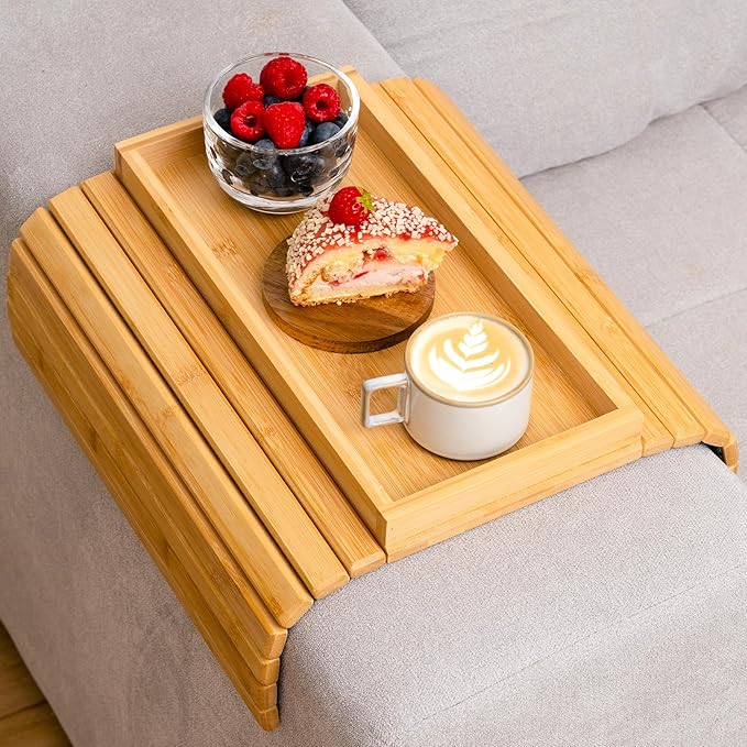 Sofa Arm Tray Bamboo – Foldable Couch Tray Table for Snacks, Drinks & Remotes | Non-Slip Wooden Armrest Organizer for Recliners, Sectionals, RVs
