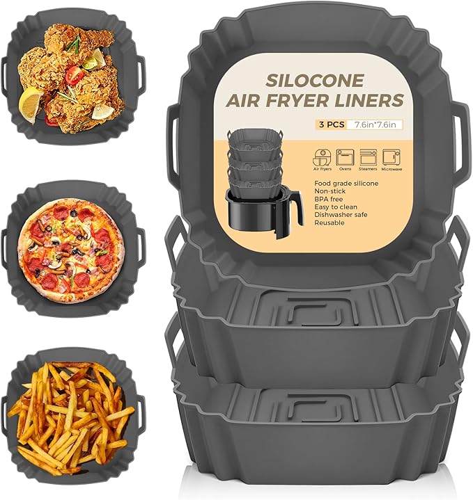 3Pcs Silicone Air Fryer Liners 3-7L, Reusable Air Fryer Accessories Food Grade Silicone Greaseproof Airfryer Baking Tray Basket Rack Kitchen Gadgets Essentials Compatible with Ninja, Tower, COSORI