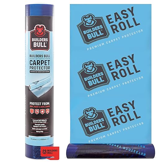 Heavy-Duty Carpet Protector – Strong Self-Adhesive Floor Protector – Premium Carpet Floor Covering - Waterproof Carpet Roll - Easy Unwind Plastic Carpet Protector - Safety Cutter Included -50m