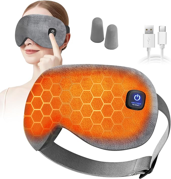Heated Eye Mask, Cordless Eye Mask for Dry Eyes, 3 Temperature Modes, Eye Relief, Improved Sleep, Washable Travel Eye Heat Pack with Earplugs Included