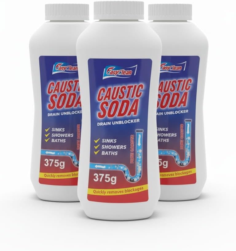 Powerful Caustic Soda Drain Cleaner | Effective Clog Remover, Industrial Strength Formula, Fast Action (3 X 375gm) (Packaging may vary)