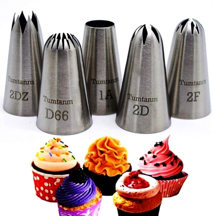 Piping Tips Large Cake Decorating Tools, 5 Pack DIY Flower Icing/ Cake Piping Nozzles Tips Kit for Cupcakes, Stainless Steel, Silver