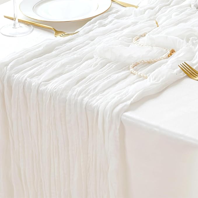 Sioloc 1 Pack Ivory White Cream Cheesecloth Table Runner Summer Decor 90cmX300cm Boho Gauze Runner for Fall Autumn Decor Wedding Party Baby Bridal Shower Home